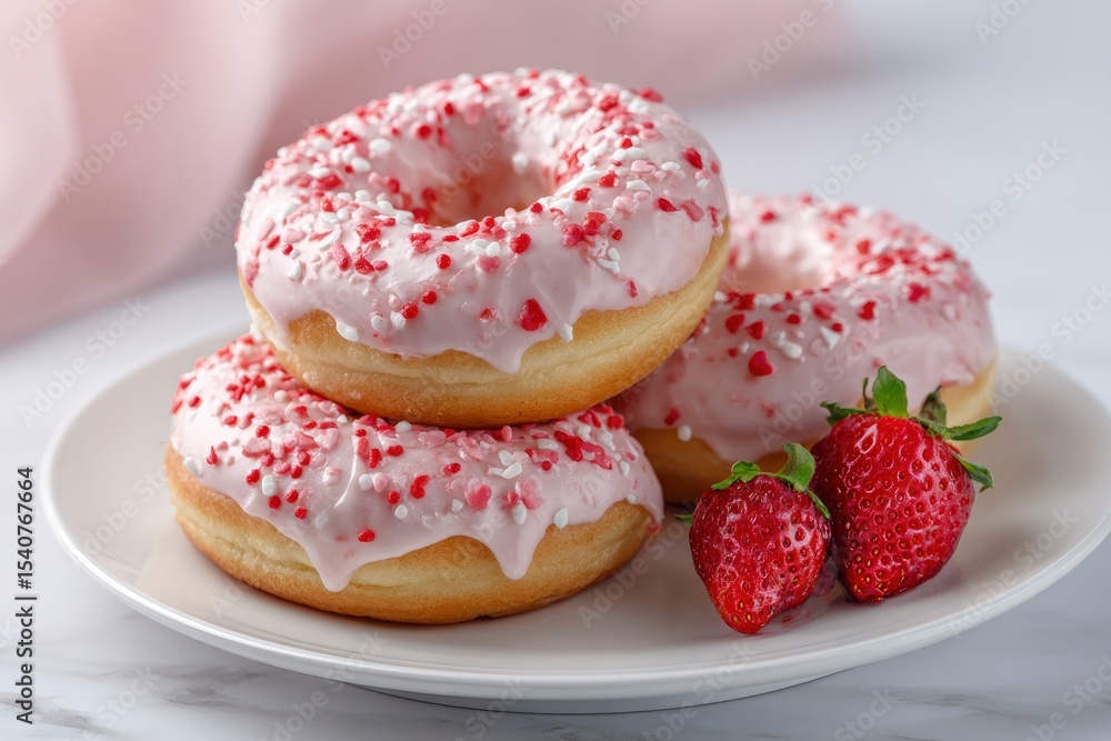 Three pinkiced sprinkled donuts stacked on a plate accompanied by two strawberries Three pinkiced sprinkled donuts stacked on a plate accompanied by two strawberries