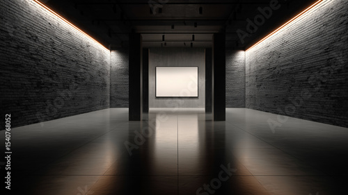Modern gallery interior showing empty frame with illumination and brick walls