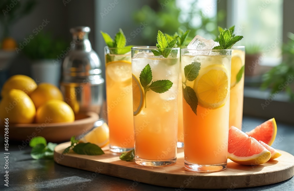 Fototapeta premium Refreshing cold citrus fruit cocktails on wooden board. Lemonade with ice cubes, fresh mint leaves, grapefruit slices. Summer refreshment, bar drinks, healthy food for party and vacation.