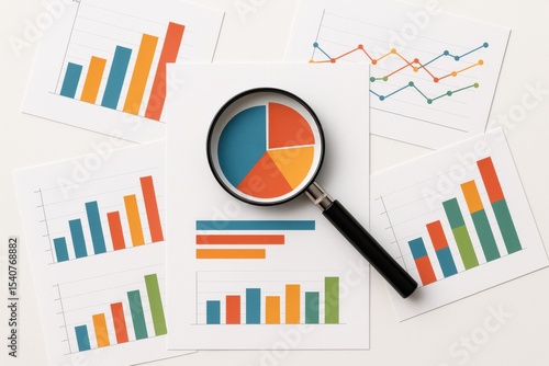 Magnifying glass highlights a pie chart amid various colorful bar and line charts on scattered sheets, depicting data analysis and business metrics.