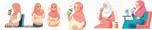 Vector of a pregnant woman drinking juice