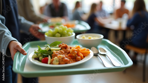 Cafeteria food tray, with fresh lunch