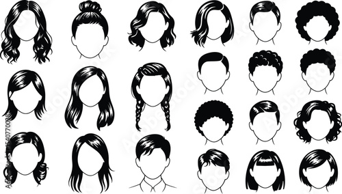 Haircut styles guide for women and men different hairstyles vector illustration black and white drawing

