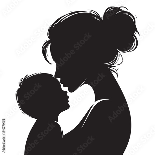 Loving Mother Kissing Baby Silhouette – Minimal Black and White VectorHigh contrast silhouette of a mother kissing her baby’s forehead, designed in a minimalist circular vector style. Perfect for mate