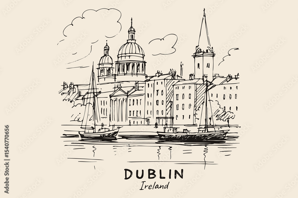 Obraz premium Dublin city skyline with boats hand drawn sketch vector illustration