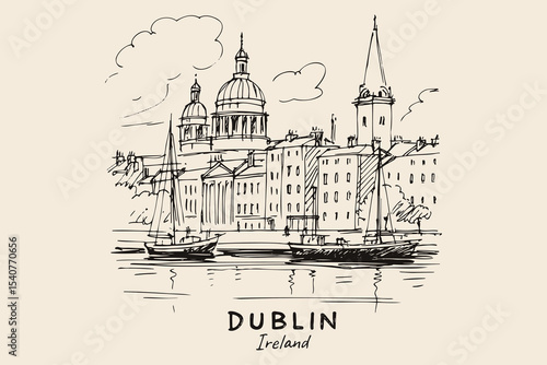 Dublin city skyline with boats hand drawn sketch vector illustration