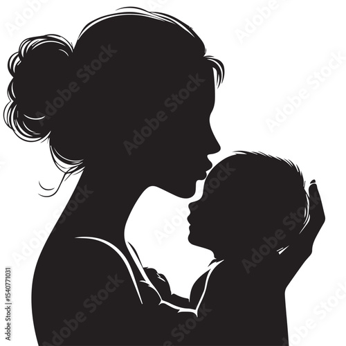 Loving Mother Kissing Baby Silhouette – Minimal Black and White VectorHigh contrast silhouette of a mother kissing her baby’s forehead, designed in a minimalist circular vector style. Perfect for mate