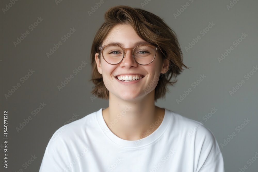 Young woman smiles brightly in cozy indoor setting during daytime Young woman smiles brightly in cozy indoor setting during daytime