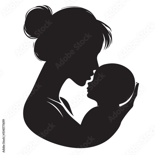 Loving Mother Kissing Baby Silhouette – Minimal Black and White VectorHigh contrast silhouette of a mother kissing her baby’s forehead, designed in a minimalist circular vector style. Perfect for mate
