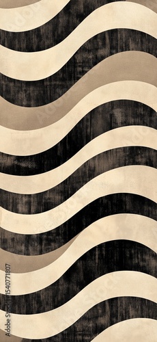 Bold abstract design featuring flowing waves in shades of beige and black set against a textured background