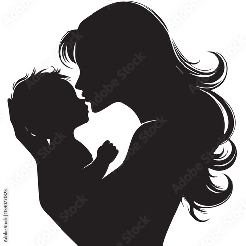 Loving Mother Kissing Baby Silhouette – Minimal Black and White VectorHigh contrast silhouette of a mother kissing her baby’s forehead, designed in a minimalist circular vector style. Perfect for mate