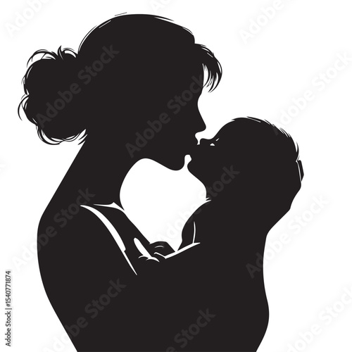 Minimalist Silhouette of a Mother Hugging Her Baby in Circle FrameA heartfelt vector showing a mother warmly hugging her child. Designed in full black silhouette with clean outlines on white backgroun