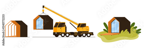 Modern A-frame modular house process. Illustration of prefab cabin being installed by construction crane. Compact eco-friendly tiny home, with panoramic window. Isolated flat vector in cartoon style