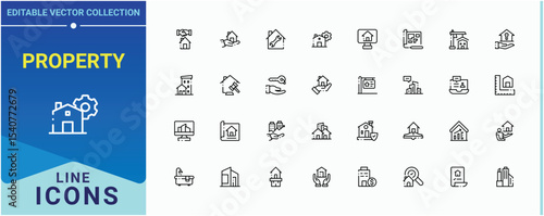 Property icon set. Featuring estate, mortgage, building, commercial, construction and more. Real Estate linear icon collection. Minimalist icons collection. Editable vector.