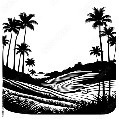 Silhouette of rice terraces on hillside with palm horizon.