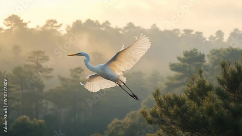 Great Egret Sunrise Flight with Forest, and Nature.