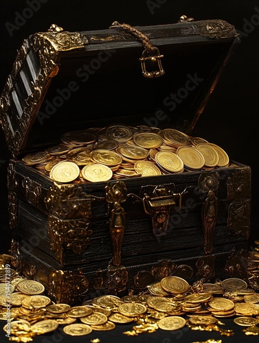 Treasure chest overflowing with gold coins, illuminated against a dark background in a mysterious setting