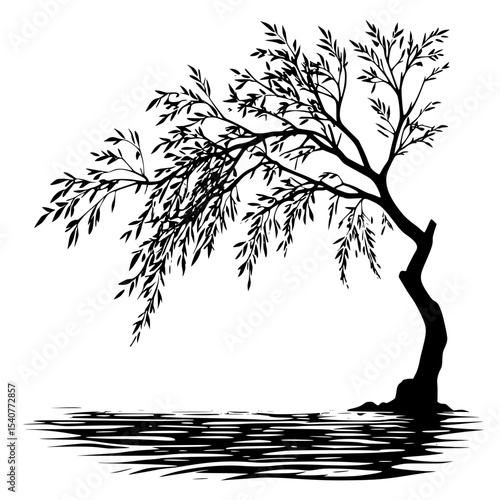 Silhouette of moonlit water with willow tree branch dipping.