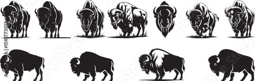 American bison silhouettes collection various poses. eps-10