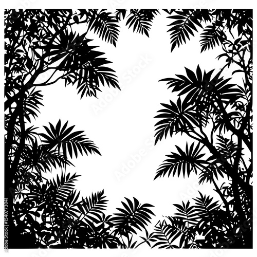 Silhouette of tropical jungle canopy with vine-draped branches.