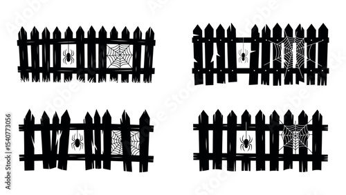 Halloween spooky fence silhouettes with spider webs and broken wood isolated on white background
