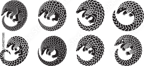 Eight stylized pangolins curled in circles. eps-10