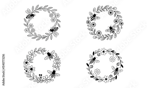 Hand drawn decorative bee and floral wreath vector set in black and white style
