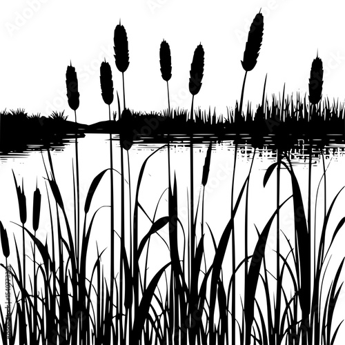 Silhouette of cattails and reeds at lakeside waterline.