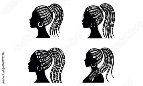 Silhouette set of african american women with braided hairstyles in profile view
