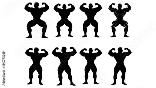 Silhouette set of muscular male bodybuilders posing in strong bodybuilding flex positions

