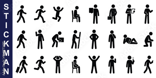 Minimal stickman icon set - showing diverse human actions and poses including walking, working, dancing, jumping, sitting