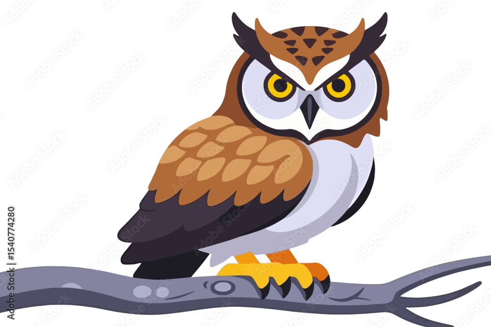Fototapeta premium Cartoon Owl Illustration - Cute Bird on Branch Vector - Educational Animal Clipart- Nature and Wildlife Graphics - Perfect for Kids and Design Projects