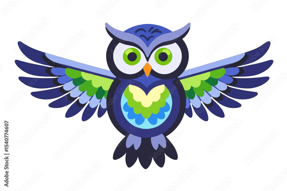 Obraz premium Colorful Cartoon Owl Illustration-Cute Owl with Open Wings-Adorable Bird Clipart for Kids-Whimsical Owl Design-Bright and Playful Owl Image