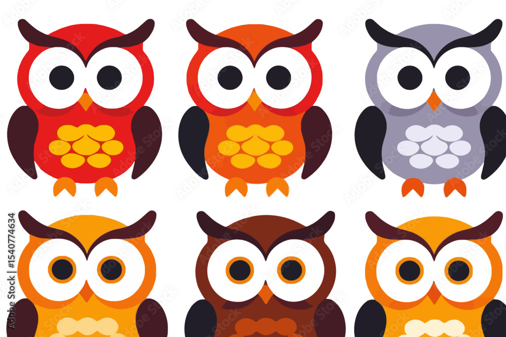 Fototapeta premium Colorful Cartoon Owls- Cute Owls in Red- Orange- Grey- Brown and Yellow- Vector Owl Clipart- Whimsical Bird Illustration- Digital Owl Design- Owl Pattern
