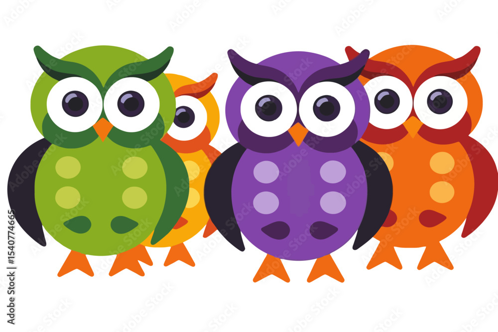 Fototapeta premium Colorful Cartoon Owls Illustration- Whimsical Owl Family Graphic- Cute and Fun Owl Design for Kids- Playful Owl Characters in Green Purple and Orange