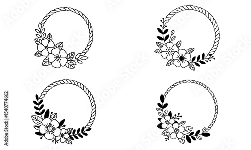 Decorative floral rope hoop wreath set with flowers and leaves in black outline style
