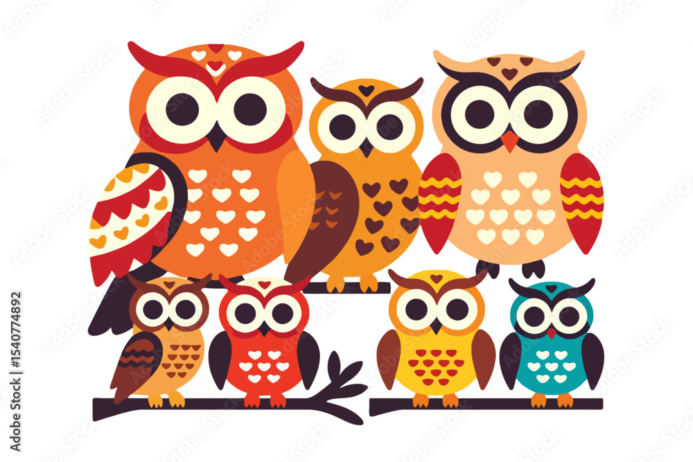 Fototapeta premium Colorful Owl Family Illustration- Cute Cartoon Owls on a Branch- Whimsical Bird Art for Kids- Adorable Owl Vector Graphic- Owl Lover Design Idea
