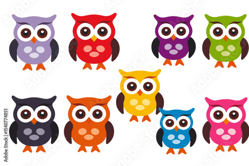Colorful Owl Cartoon Illustrations-Cute Bird Clip Art Collection-Adorable Owl Designs for Kids-Vibrant Owl Graphics for Crafts-Playful Owl Characters Art