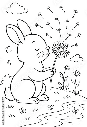Cute Bunny Holding a Flower by the Stream – Coloring Page for Kids