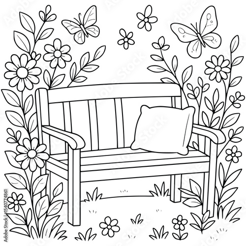 Garden Bench with Pillow and Butterflies – Floral Coloring Page for Kids