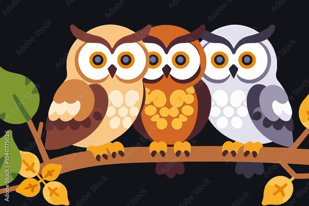 Obraz premium Colorful Owl Trio Illustration- Whimsical Owls on a Branch- Cute Cartoon Owls Artwork- Adorable Owl Family Graphic- Nature Inspired Owl Design- Owls on Dark Background