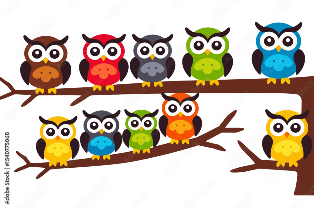 Fototapeta premium Colorful Owls on a Branch Illustration- Whimsical Owl Art for Kids- Cute Owl Cartoon Design- Owl Themed Graphic for Children's Projects- Owl Vector Illustration