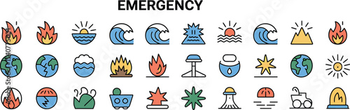Monochrome Emergency and Hazard Icon Set – Vector Illustrations of Fire, Natural Disasters, Environmental Hazards, and Emergency Symbols for Risk Management and Safety