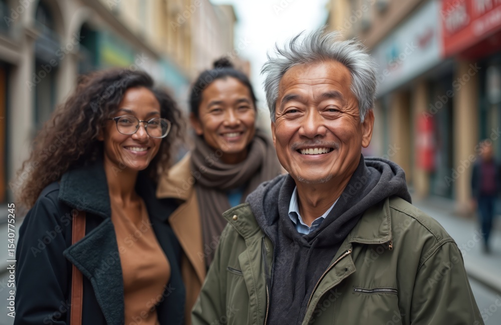 Senior Asian man smiles in urban street with multiethnic friends. Diverse group of people enjoy daytime. Friendship, togetherness, happiness, positive emotions. Urban city life. Senior Asian man smiles in urban street with multiethnic friends. Diverse group of people enjoy daytime. Friendship, togetherness, happiness, positive emotions. Urban city life.