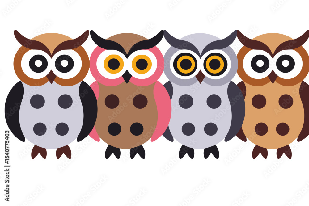Obraz premium Cute Cartoon Owl Illustration - Colorful Owls with Big Eyes- Whimsical Animal Art for Kids- Owl Vector Graphic Design- Funny Owl Characters