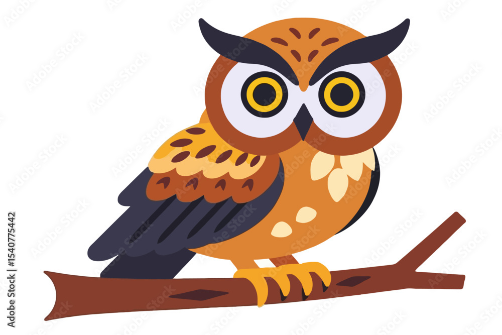 Obraz premium Cute Cartoon Owl Illustration - Whimsical Bird on Branch Design - Perfect for Children's Books and Educational Materials - Adorable Wildlife Art - Nature Inspired Graphics