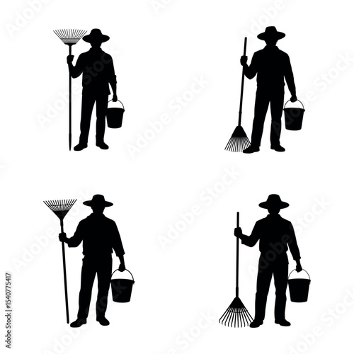 Silhouette set of gardeners holding rake and bucket in black outline vector style
