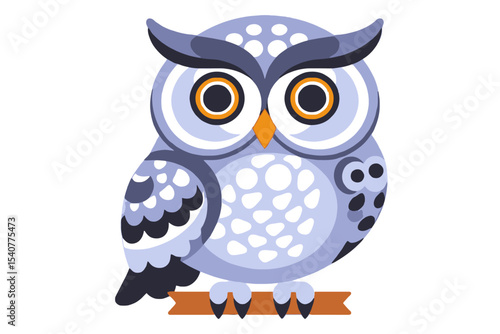 Cute Cartoon Owl Illustration - Whimsical Owl on Branch - Owl Graphic Design for Kids - Playful Owl Clipart Image- Blue and Grey Owl Drawing