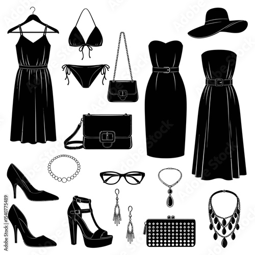 Collection of black silhouette fashion items including dresses shoes bags and accessories displayed nicely