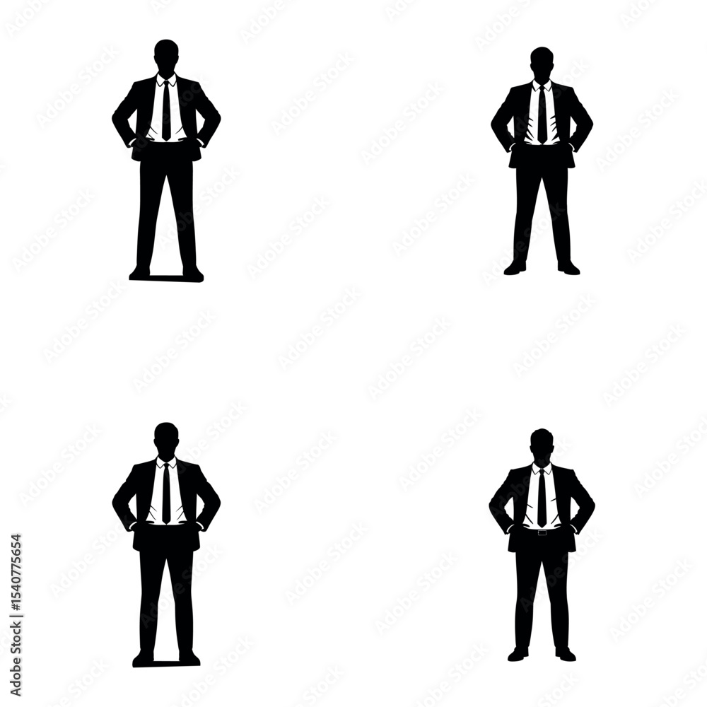 Silhouette set of businessmen in suits standing in confident pose with hands on hips
Silhouette set of businessmen in suits standing in confident pose with hands on hips
